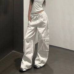 Y2K White Cargo Jeans Women Korean High Waist White Pocket Wide Leg Denim Pants