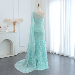 Homecoming Dresses: Turquoise Aqua One Shoulder Mermaid Evening Dress