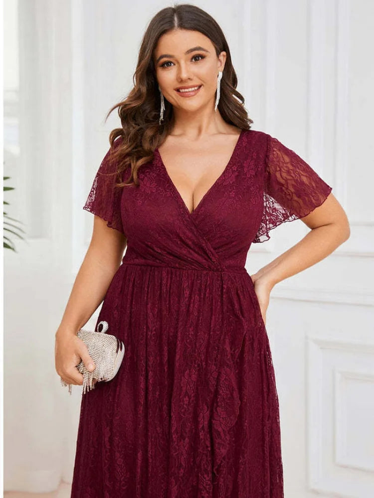 Plus Size Lace Party Dress Woman Summer V Neck Short Sleeve Ruffles Irregular