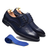Luxury Original Derby Mens Dress Shoes Blue Real Leather Lace Up Plain Pointy