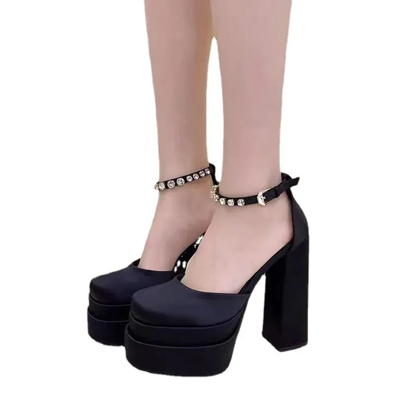 Silk Square Heel Pumps High Heel Ladies Shoes Round Toe Casual