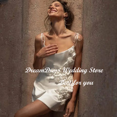 White Bridesmaid Dresses: A Line Wedding Second Dress 3D Flowers Satin Backless