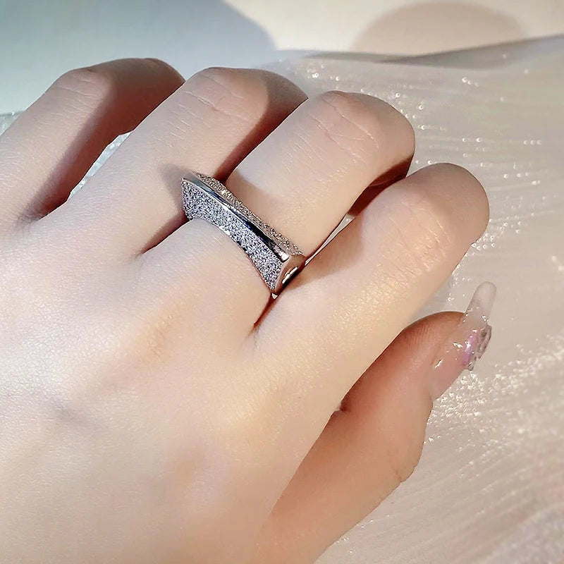 925 Sterling Silver Personality Jewelry Irregular Hollow Out Diamond Ring Ladies Bar