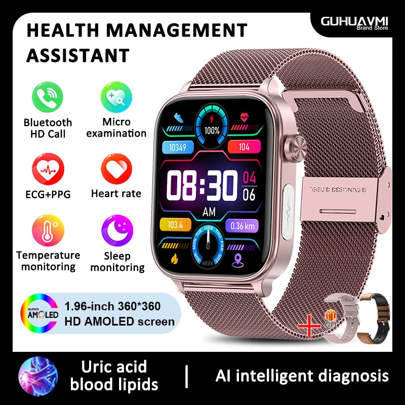 2026 New Blood lipids Uric Acid testing Smart Watch Men ECG+PPG Blood Pressure blood oxygen Bluetooth Call Health smartwatch iOS