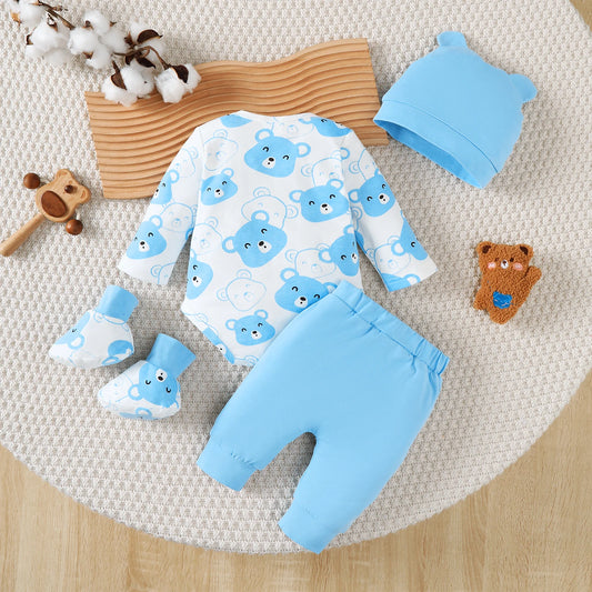 Newborn Baby boy Set Little bear Long sleeved Jumpsuit+Long Pants+Hat+Socks 4Pcs/Set 0-9 Month Baby boy Spring and Autumn Set