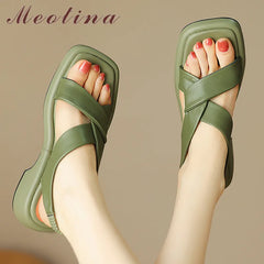 Women Genuine Leather Sandals Square Toe Platform Block Mid Heels