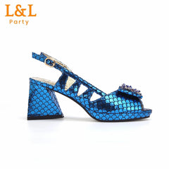 Royal Blue Fish Scale Material Design Ladies Shoes Matching Bag Set