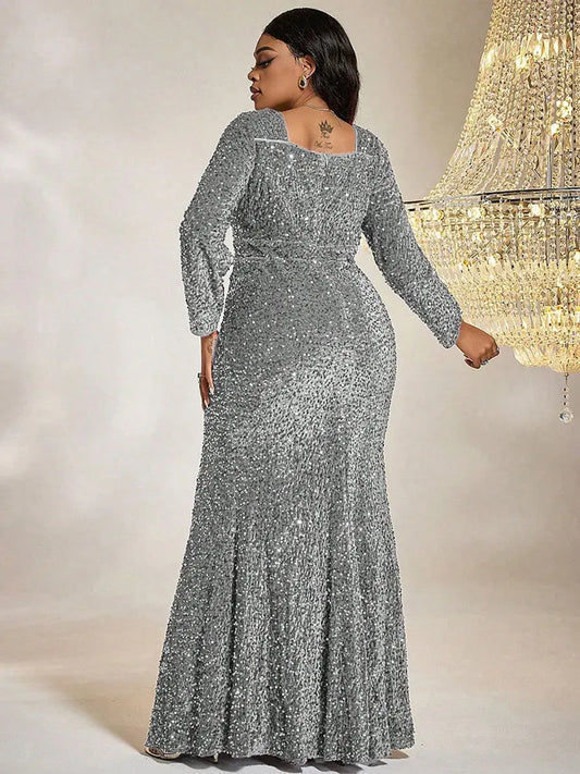 Women Plus Size Maxi Dresses Luxury Heavy Sequined Evening Gown