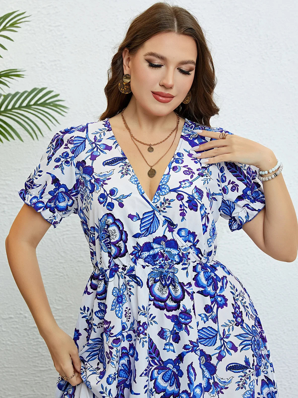 Plus Size Women Flower Print V-Neck A-Line Dresses Elegant Ruffle Short Sleeves