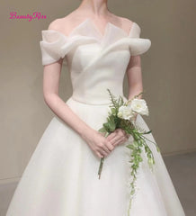 White Bridesmaid Dresses: Ivory Wedding Dress Off-Shoulder Floor Length Short Sleeves