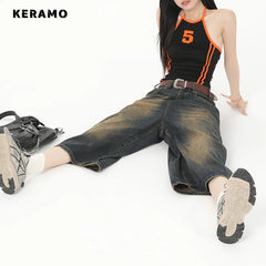 Vintage Streetwear Women Jeans 2024 Summer Loose Male Wide Leg Knee Length Shorts