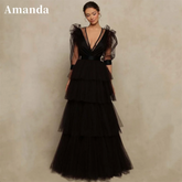 Homecoming Dresses: Black Evening Dress Puffy Sleeve Prom Dress A-line Party Dress