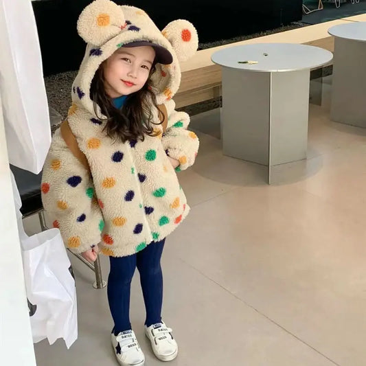 Girls Coat Rainbow Polka Dot Hooded Fleece Thickened Zipper Jacket Autumn Winter Coat
