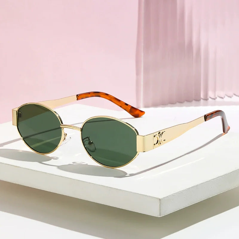 Luxury Designer Brand Sunglasses for Women and Men Oval Metal Frame Unisex Glasses Stylish Glamour Eyewear Retro Gold-Edged Oval