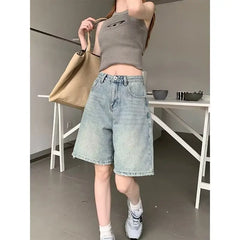 Blue Women's Shorts Jeans High Waist Straight Pants TIKTOK Streetwear Y2K 90s