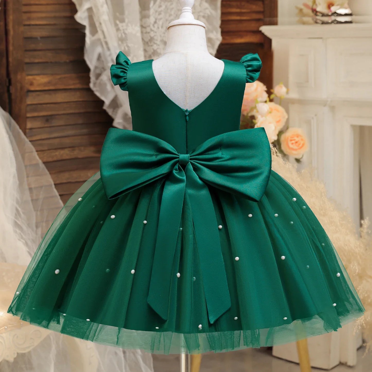 Elegant Pink Fluffy Girl Dresses Birthday Tulle Sleeveless Bow Pearls Princess Wedding Party Gown Kids Piano Performance Costume