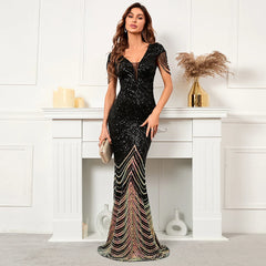Homecoming Dresses: V Neck Green Sequin Evening Dress Party Maxi Dress Women