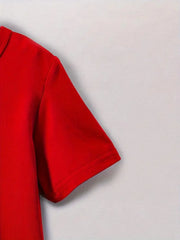 Two-Piece Boy Fashion Short Sleeve Suit, Red Car Print Top With Black Car Print Pants, Casual Trend