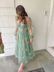 Evening wear Dresses: Green Prom Dress Puff Long Sleeve Evening Women Outfit