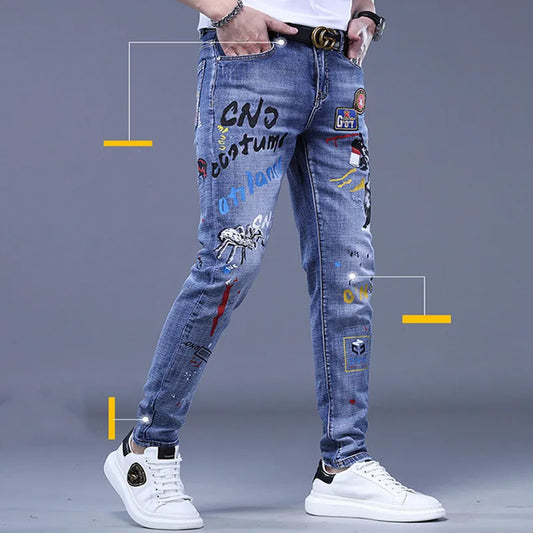 Fashion Printed Jeans Men's Korean Brand Embroidery Badge Pattern Youth Ripped