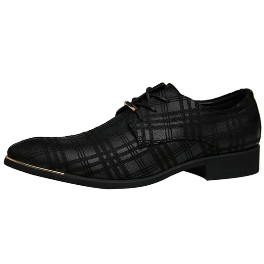 Fashion Mens Leather Concise Shoes Men's Business Dress Pointy Plaid Black Shoes
