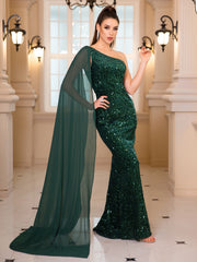 Evening wear Dresses: One Shoulder Sleeveless Green Sequined Maxi Dress