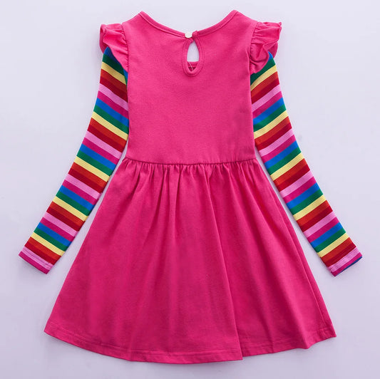 Girls' Long Sleeve Unicorn Dress Autumn Embroidery Two Pockets Rainbow Sleeves