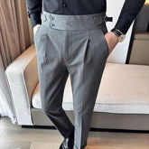 Autumn Winter High Waist Business Dress Pants Men Casual Belt Design Slim Suit Pants