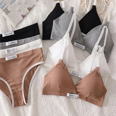 Women Cotton Bra Set Briefs Low Waist Panties Wire Free Bralette Sport Lingerie