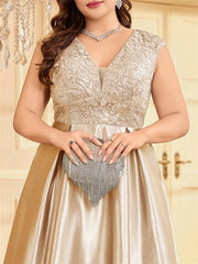 Homecoming Dresses: Plus Size Luxury Gold Satin V-Neck Evening Dress Women