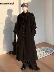 Autumn Winter Long Oversized Windproof Black Warm Woolen Coat Men