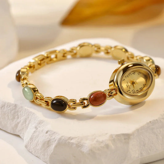 Women's watch Vintage Natural Colorful Jade Bracelet Wristwatches Clock,Luxury Elegant Small Oval Dial Quartz Watch Waterproof
