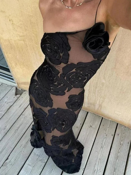 Evening Dresses: Black Flower Maxi Dress Women Backless Slim Evening Party Dresses