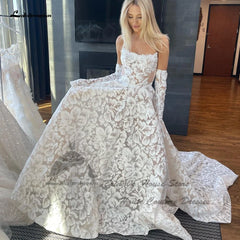 Evening wear Dresses: Lace Boho Wedding Dresses Detachable Long Sleeve