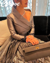 Homecoming Dresses: V Neckline Long Sleeves Prom Dress Ankle Length Evening Gown