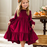 Girls Spring Autumn Winter Velvet Long Sleeve Ruffle Hem Dress