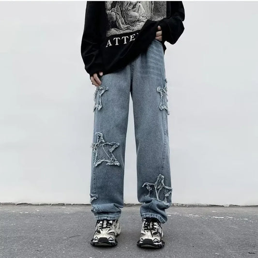 Stars Towel Embroidery Baggy Men Jeans Pants Y2K Clothes Straight Hip Hop