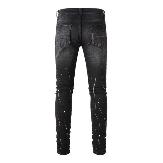 Men's Crystal Stretch Denim Skinny Jeans Painted Holes Ripped Tapered Pants