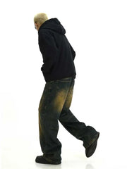 Plus Size Green Wash Baggy Jeans Men Adjust-waist Wide Leg