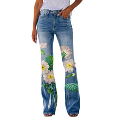 Y2K Ladies Retro Flared Pants Baggy Jeans Women Floral Printed Slim-Fit Denim Trousers