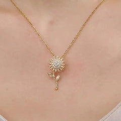 Fashionable Double Layer Rotatable Sunflower Flower Necklace for Girls, Versatile