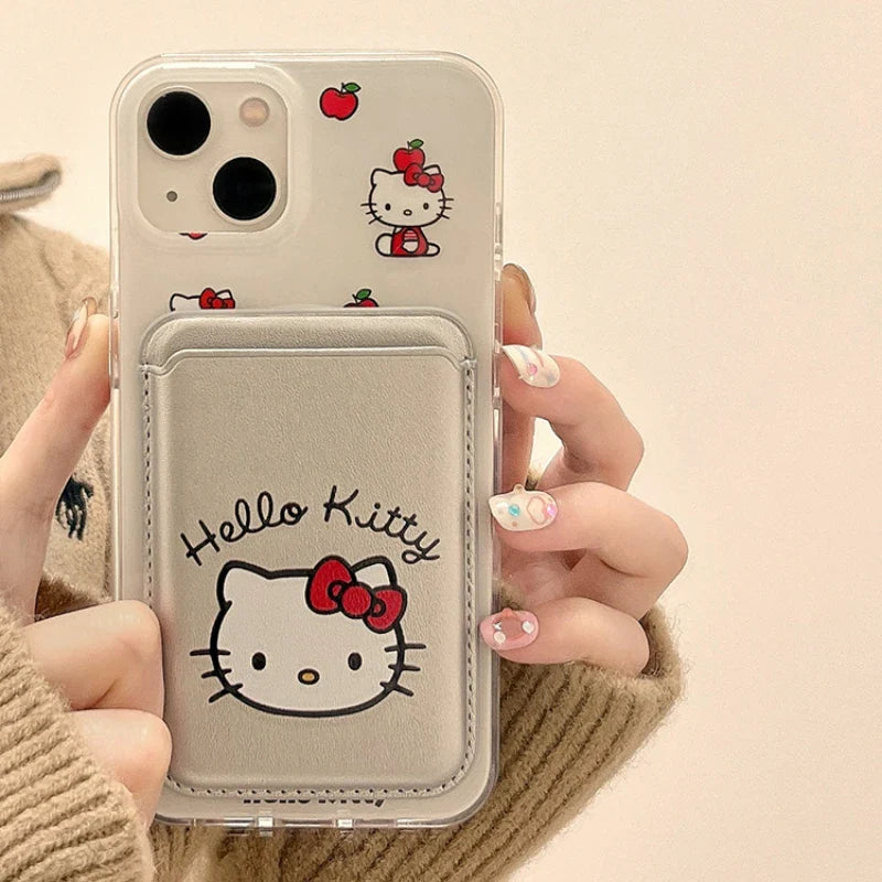 Cute Sanrio Hello Kitty Magnetic Card Wallet Holder Magsafe Wireless Charge Phone Case For iPhone 17 16 15 14 13 Pro Max Cover