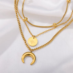 Fashion Moon Pendant Necklaces For Women Stainless Steel Multilayer Gold Plated Chain