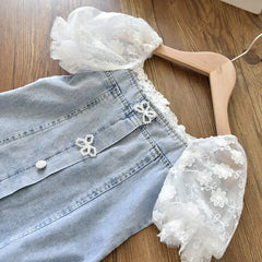 Children Girls Beads Lace Sleeve Denim Dress Toddler Fashion