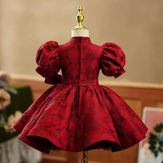 Summer New Children's Princess Ball Gown Kids Bow Puff Sleeve Design Wedding Birthday Baptism Party Red Dresses For Eid A2051
