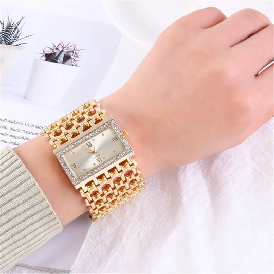 Luxury Ladies Simple Diamond Set Square Bracelet Quartz Watches Fashion Gold Stainless Steel Skeleton Women Clock Dress Watch