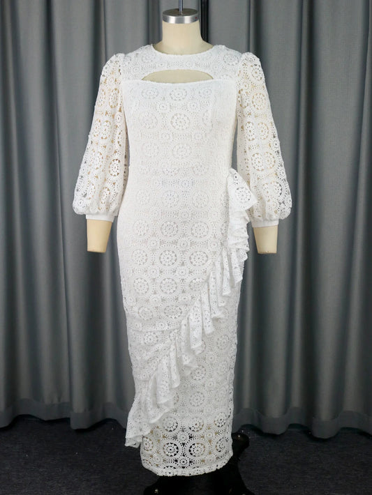 Women's Party Dress Fashion White Lace Crew Neck Lantern Sleeve Ruffles