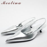 Women Genuine Leather Slingbacks Pointed Toe Block Mid Heels Pumps