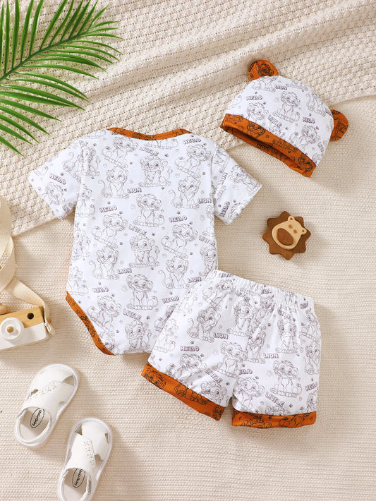 0-18 Month old Baby Boy Set Cartoon Lion Print Top, Pants, Hat Three Piece Set, Newborn Baby Boy Summer Fashion Set