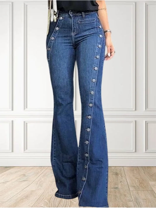 Women's Plus Size Plain Button Decor Flare Leg Long Denim Pants Flare Jeans
